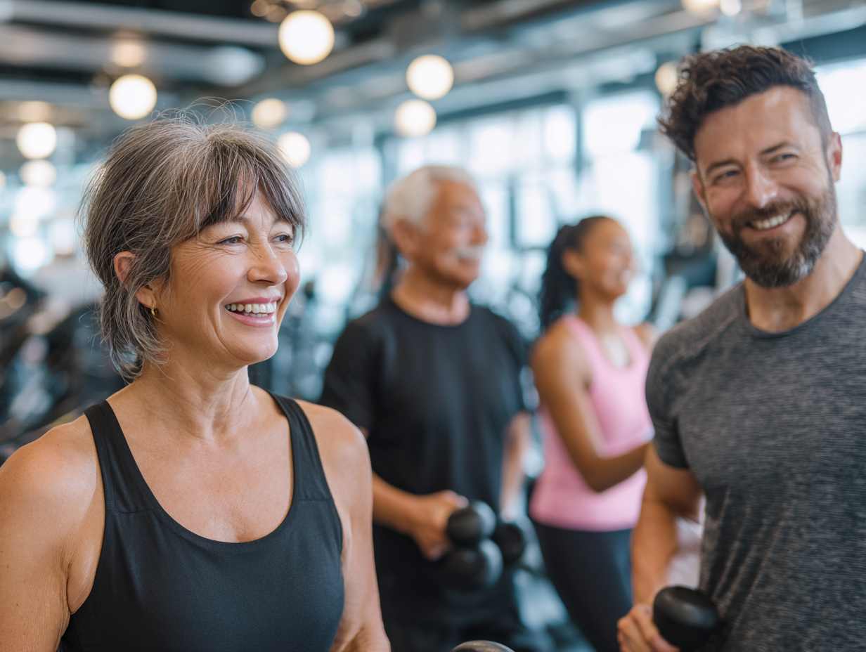 Echipă diversă de traineri și membri blenardo de toate vârstele într-un mediu de antrenament prietenos