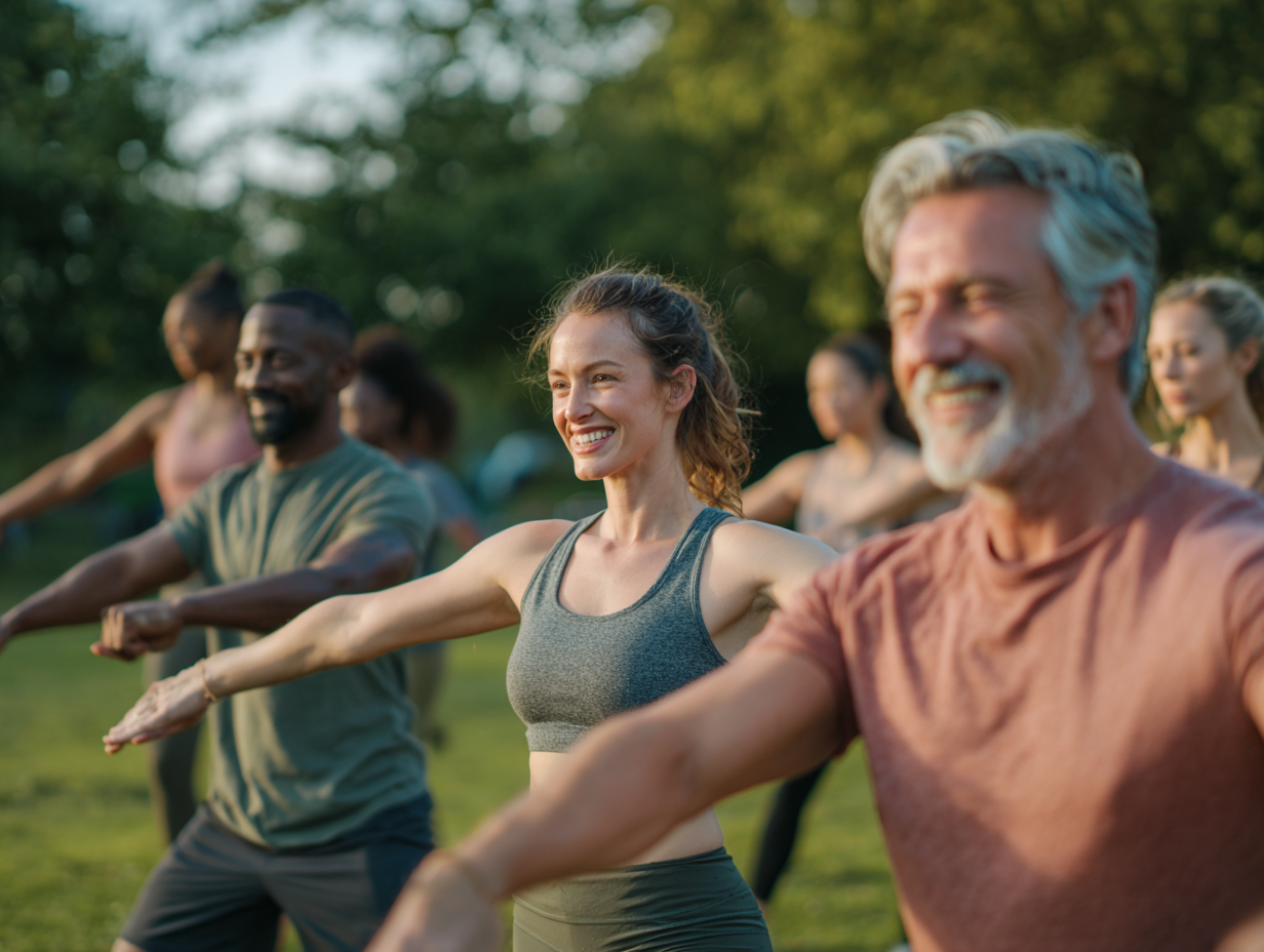 Grup divers de persoane de diferite vârste participând la antrenament fitness în aer liber